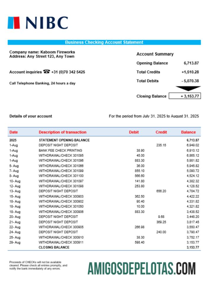 Exemplo de declaração de verificação de organização comercial do banco NIBC em formato Word e PDF